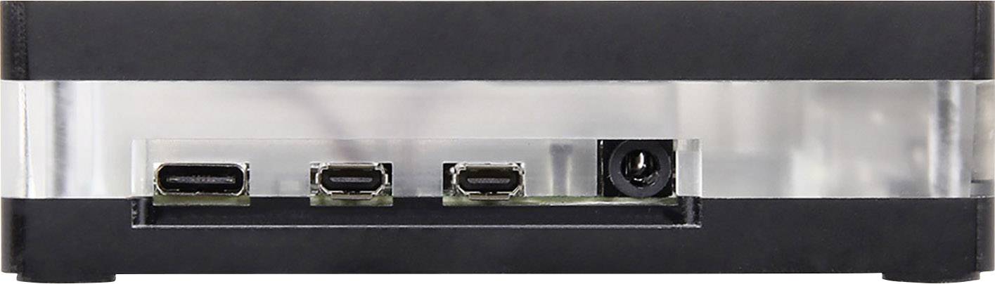 Small black electronic device with three USB-C ports and a DC power supply connection, rear view.