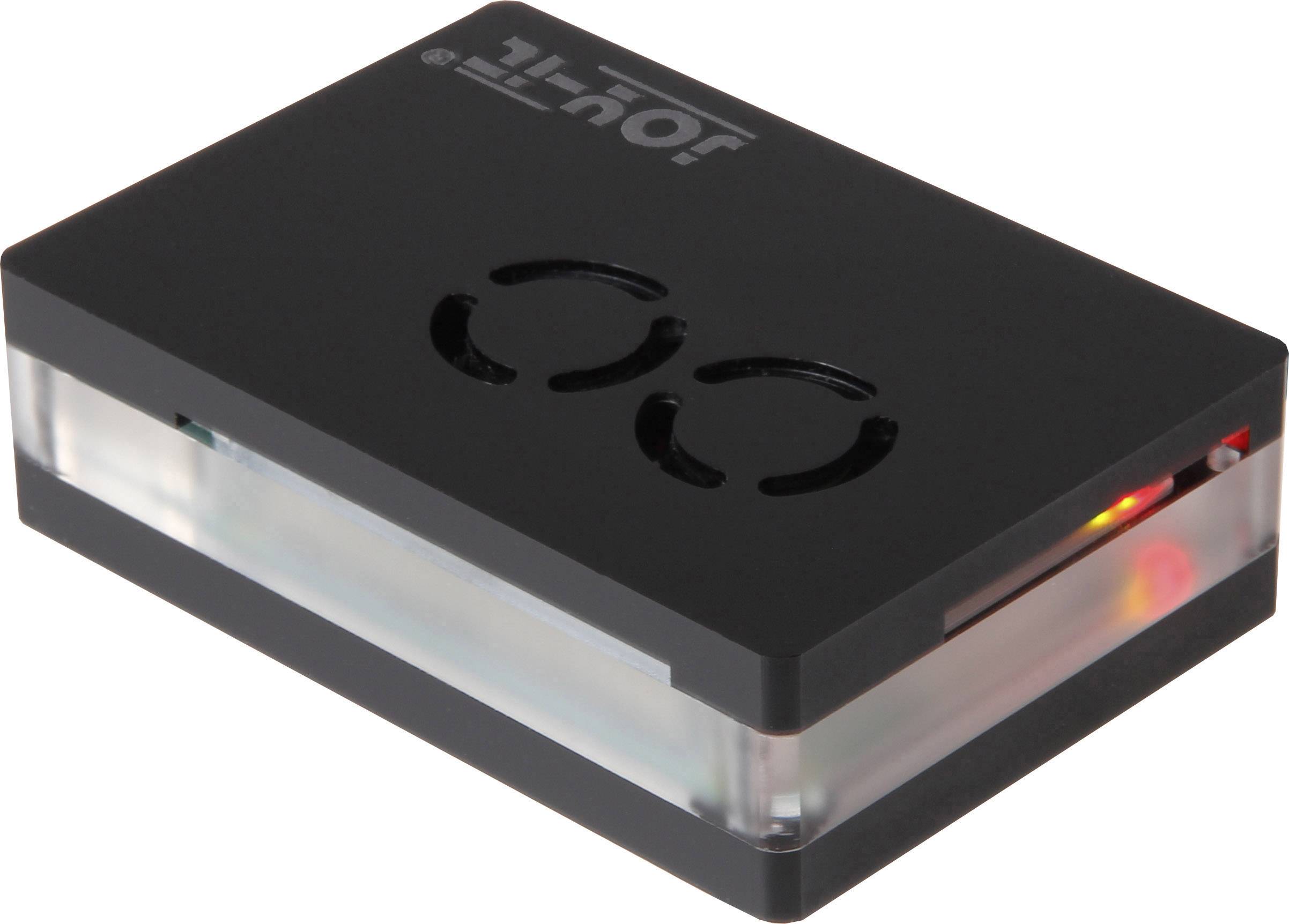 A small black device with two ventilation slots and a glowing red LED on the side.