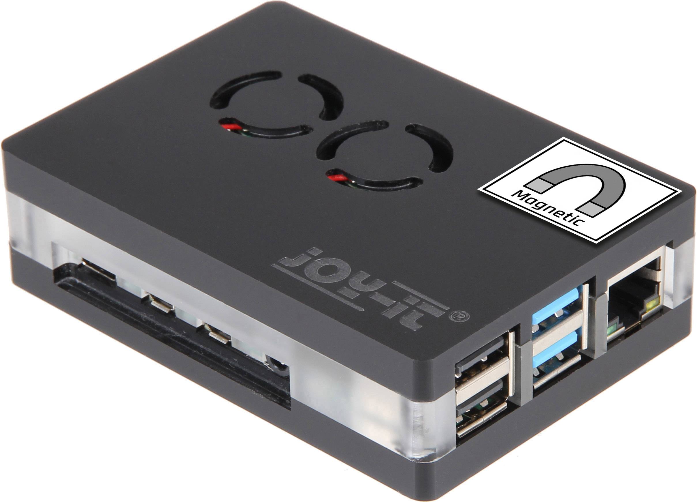 A black enclosure for a single-board computer with multiple USB ports and a magnet symbol printed on it.