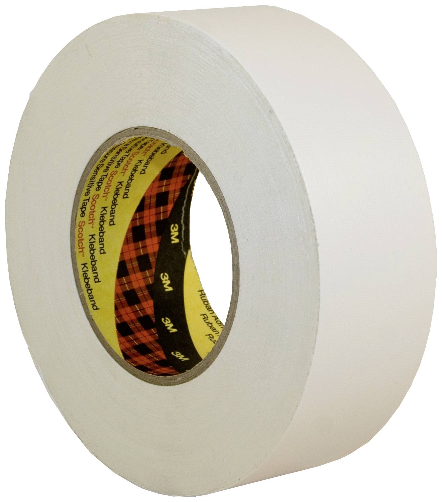A roll of white adhesive tape with a yellow and red-black chequered inner core, standing on a white background.