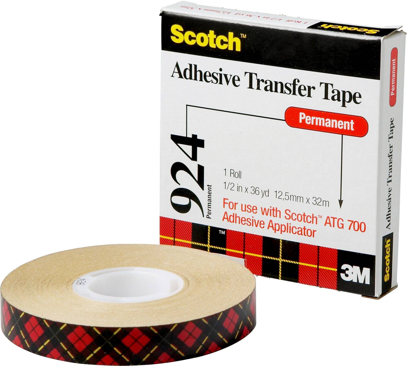 A roll of Scotch 924 'Permanent Adhesive Transfer Tape' measuring 12.5 mm x 32 m in length beside its packaging. Suitable for Scotch ATG 700 applicator.