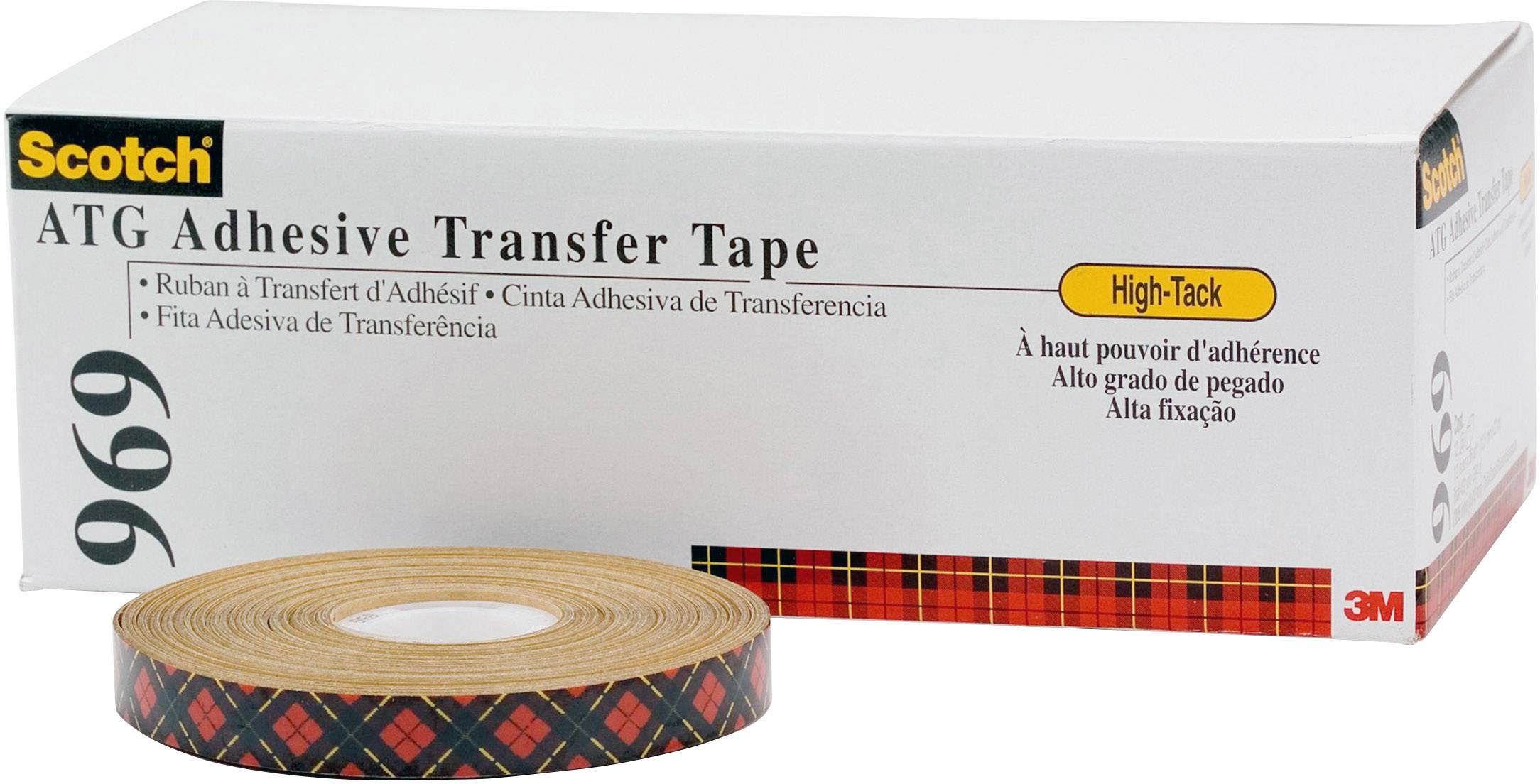 A roll of Scotch ATG adhesive tape lies in front of the packaging. The packaging is labelled with 'Adhesive Transfer Tape' and additional details.