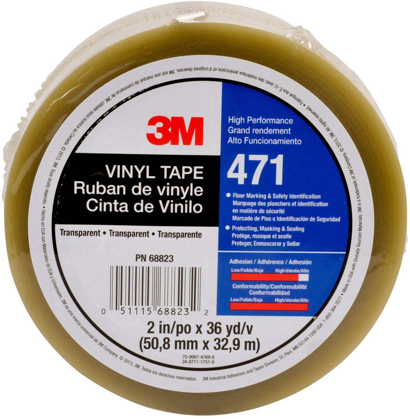 '3M Vinyl Tape 471', brown adhesive tape roll with 2-inch width. Text emphasises high performance and versatility for various applications.