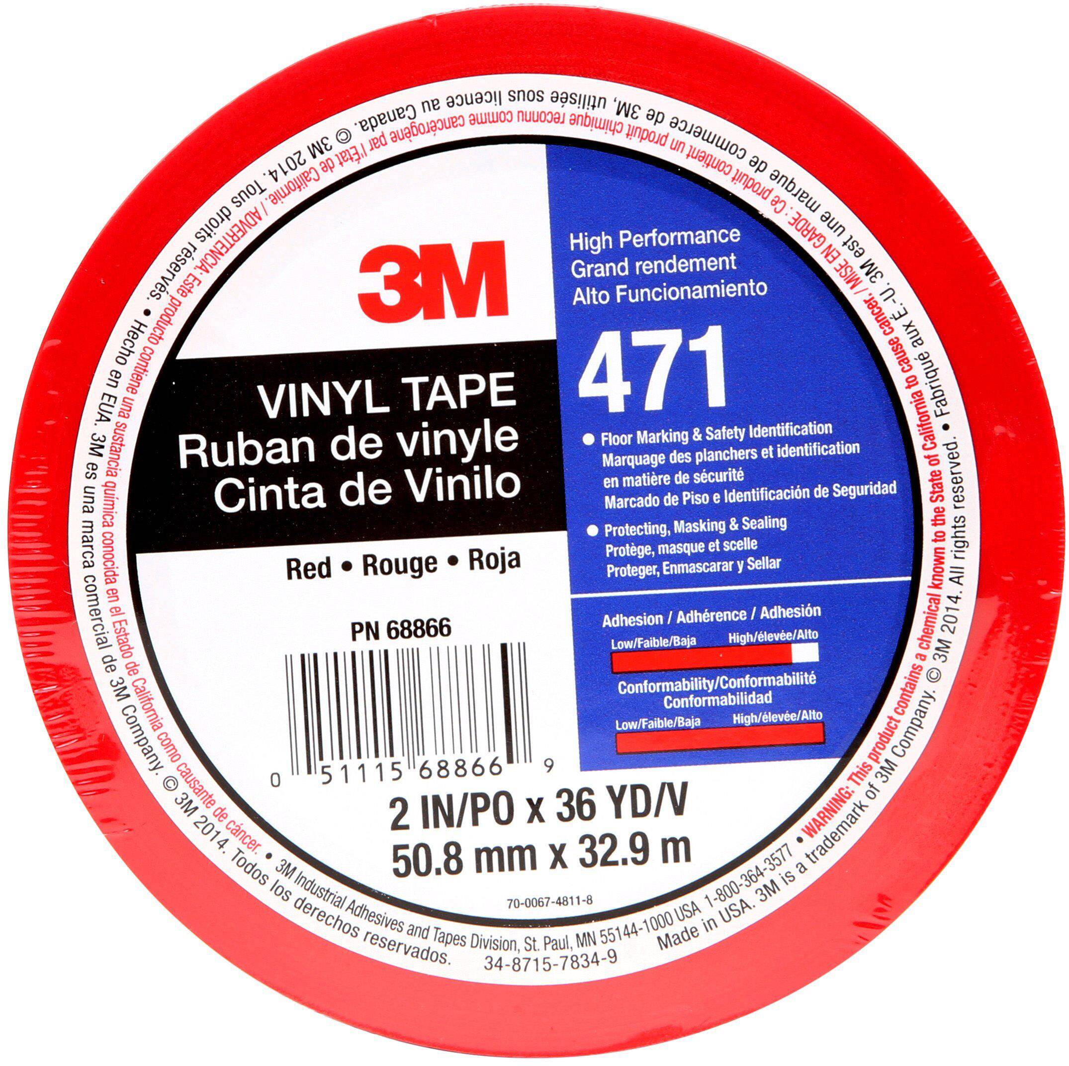 '3M Vinyl Tape 471', red crepe tape roll, 2 inches x 36 yards, primary use: floor marking and safety.