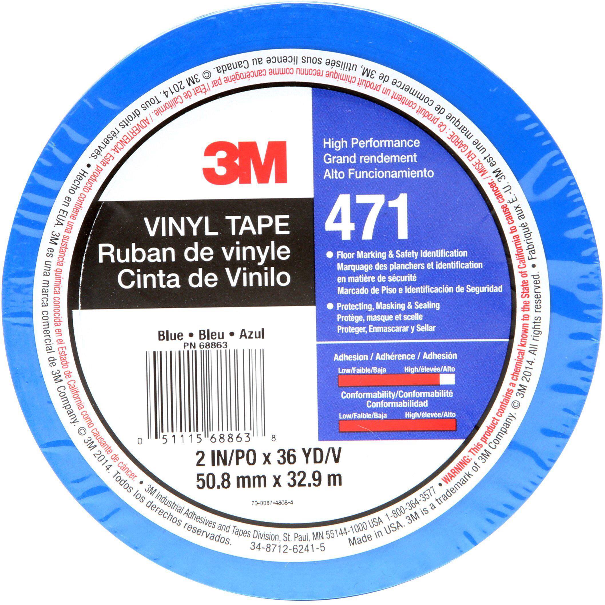 Product label for a blue 3M Vinyl Adhesive Tape Roll, 471. For marking and identification. Dimensions: 50.8 mm x 32.9 m.