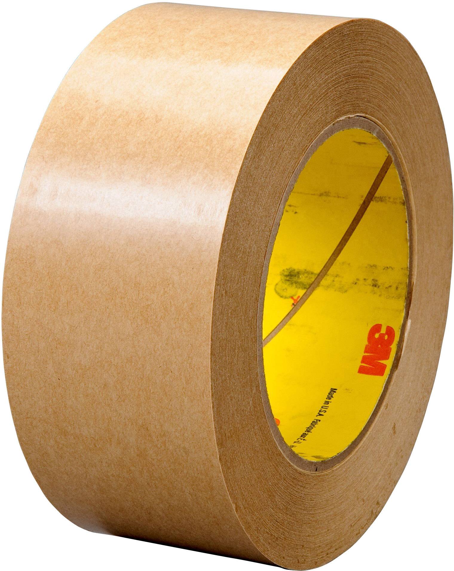 A large roll of brown masking tape, standing upright, with the inner yellow adhesive surface visible.