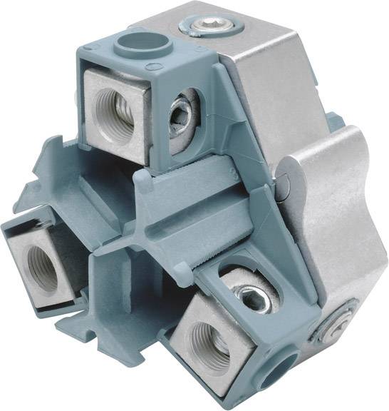 A five-way modular metal and plastic terminal block with screw connections, in blue and silver, perspective view.
