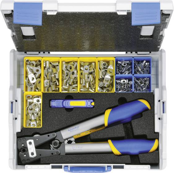Toolbox with various cable lugs in compartments, crimping pliers and wire strippers; everything neatly organised.