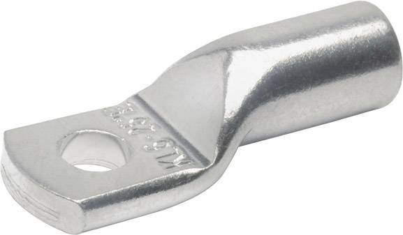 Metallic cable lug with a flat end and hole for fastening; used for electrical cable connection.