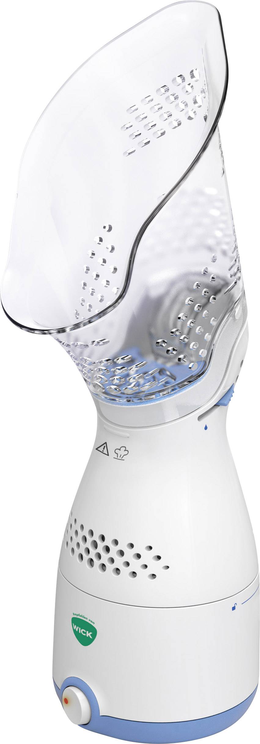 Steam inhaler made of white plastic with a transparent mask attachment. Ideal for relieving respiratory discomfort.