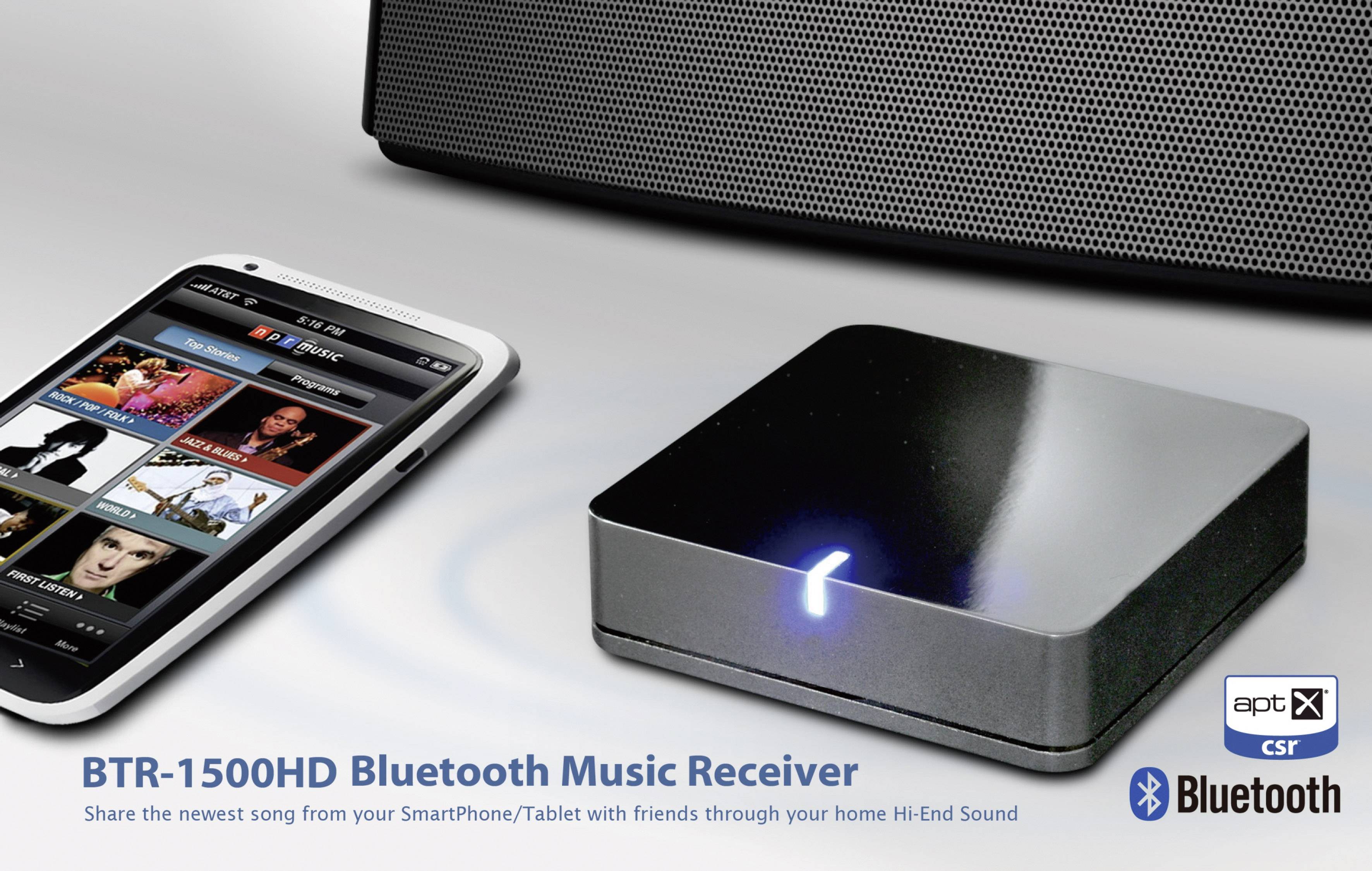 A Bluetooth music receiver next to a smartphone. Text: 'BTR-1500HD Bluetooth Music Receiver'. Receiver with illuminated indicator.