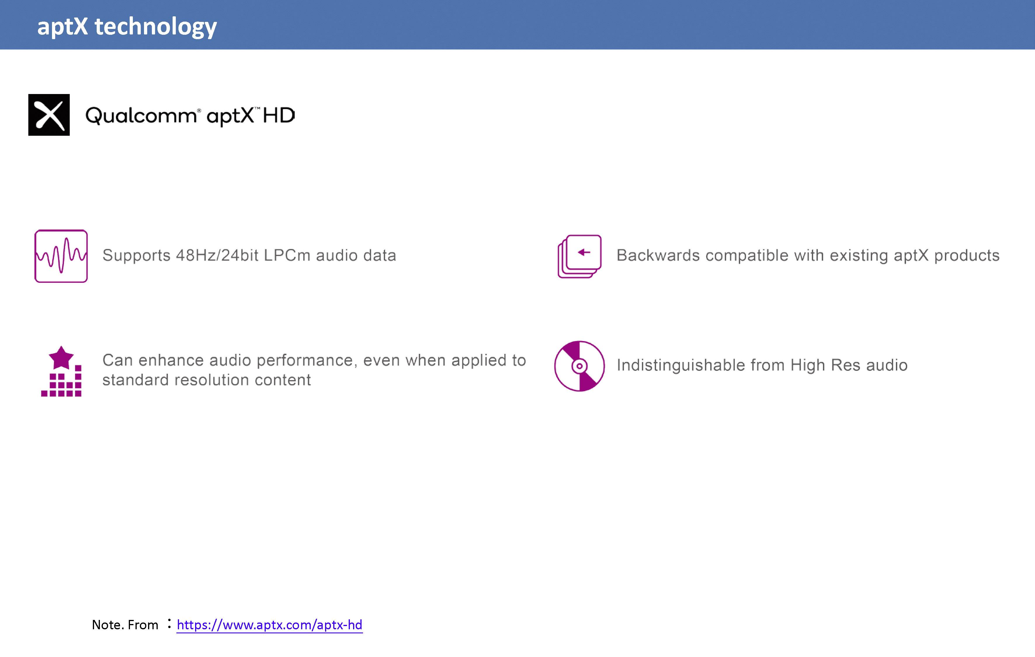 apX technology: Supports 48Hz/24-bit LPCM audio data, backwards compatible with aptX products, enhances audio performance, indistinguishable from high-resolution audio.
