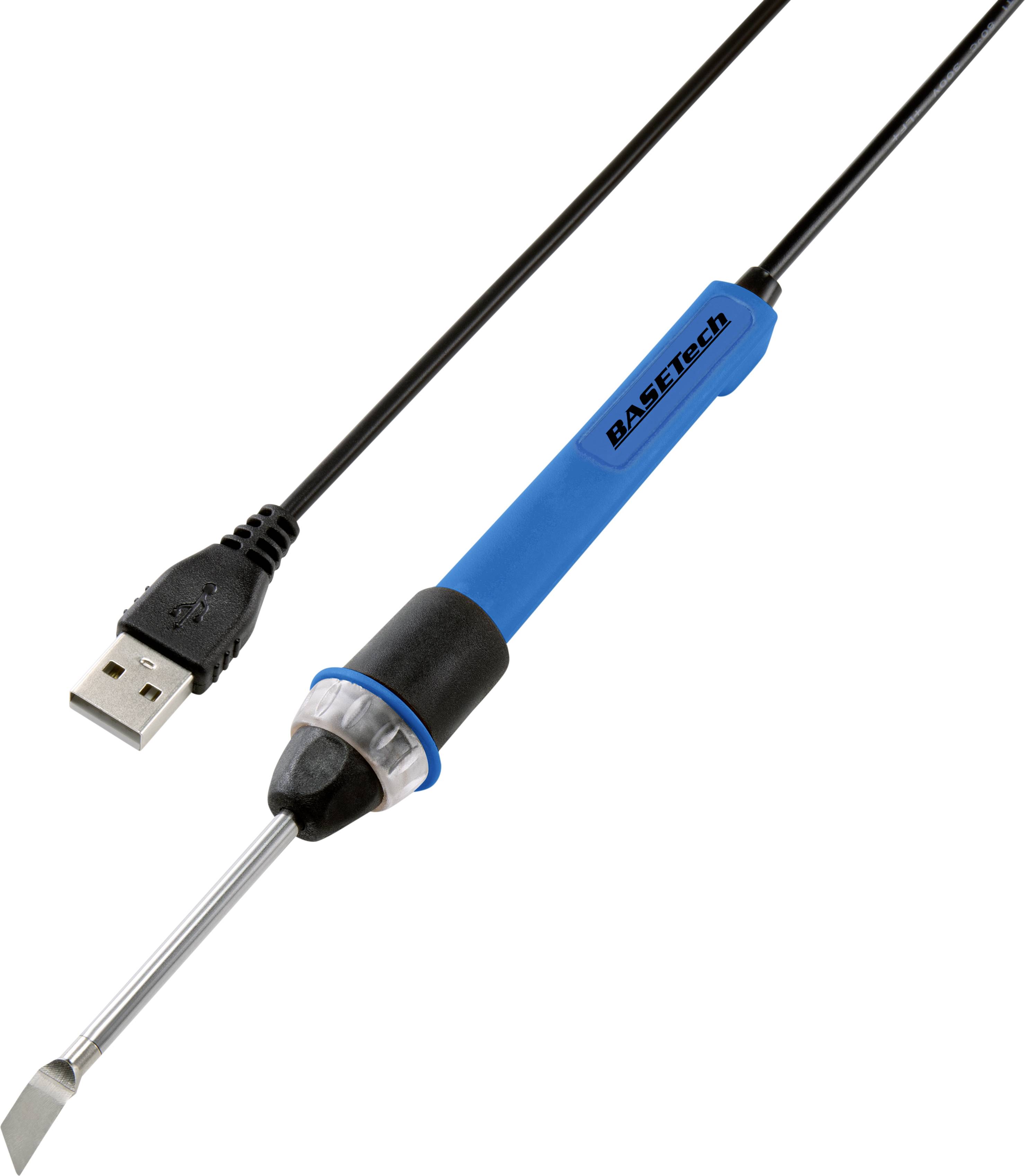 USB soldering iron, blue handle and silver tip, suitable for basic soldering work on electronic devices.