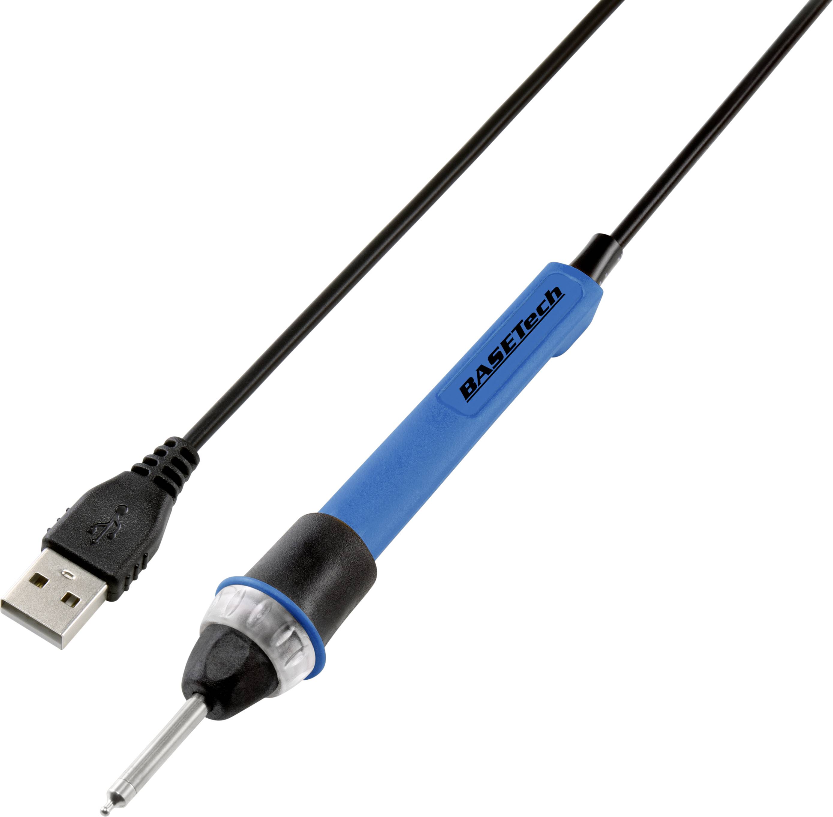 Soldering iron with USB connection and blue handle; suitable for electrical repairs and DIY projects.