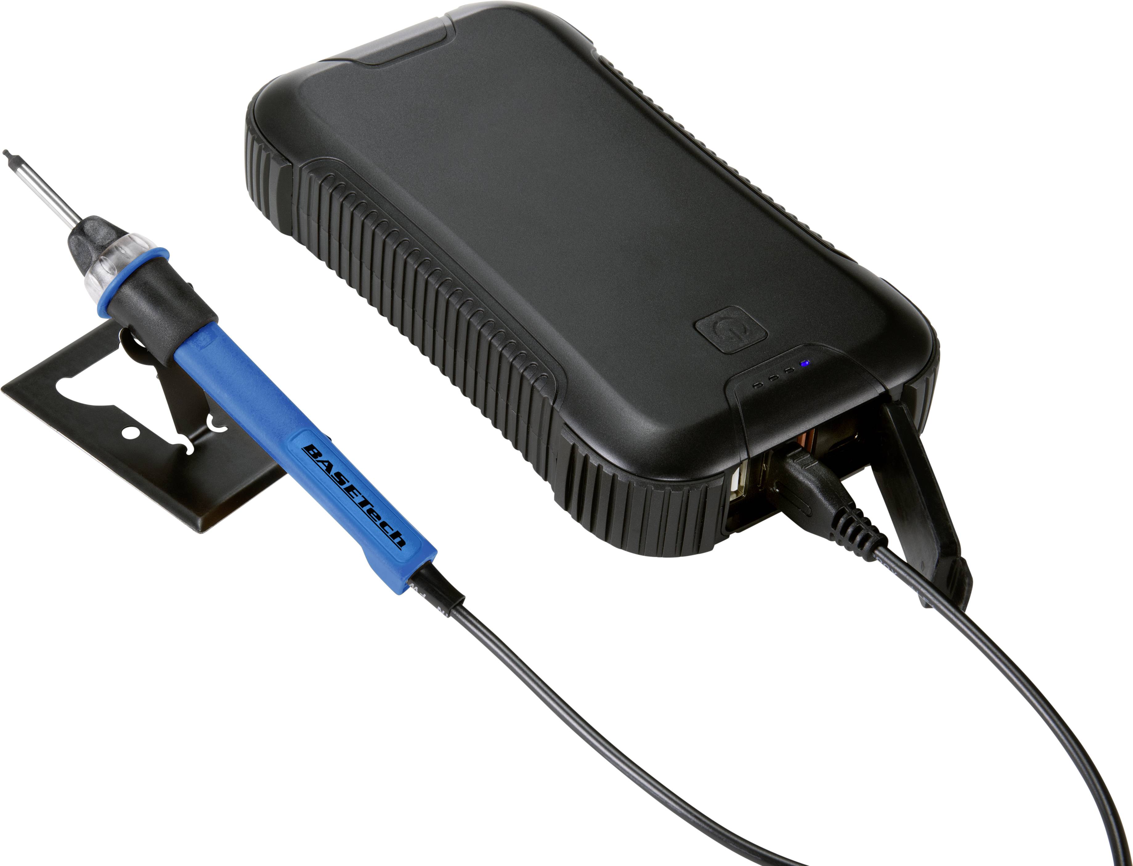 Soldering iron with a blue handle, connected to a black portable charger; cable attached at the bottom of the device.