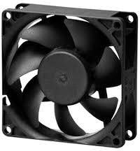 A black computer fan with five blades in a square frame, suitable for cooling systems in PCs and electronic equipment.