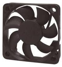 A black computer fan with seven blades in a square frame, designed for cooling electronic components.
