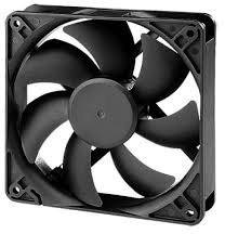 A black computer fan with five rotor blades in a square frame, commonly used for cooling hardware components.