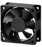 A black computer fan with multiple blades for cooling, mounted in a rectangular frame.
