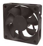 A black computer fan with five rotor blades in a square frame. Primary function: cooling computers.