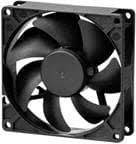 Black computer cooler in a square housing with visible fan blades. Suitable for cooling electronic devices.