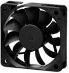 A black computer fan with multiple blades, side view.