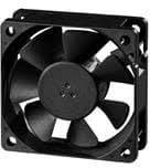 A black, square computer fan with multiple rotor blades, enabling air circulation in electronic devices.