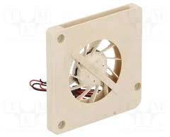 A square, beige computer fan with cables on the rear. The fan is designed for cooling electronic components.