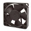 A black computer fan in a square housing. The ventilator has multiple blades and is designed for cooling.