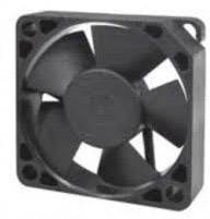Black computer fan with a rectangular frame and five blades, used for cooling electronic components.