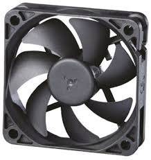 A black computer fan with seven blades in a square frame.