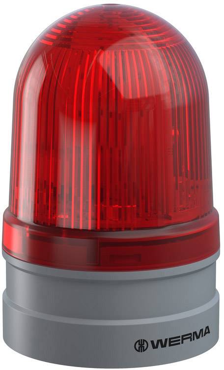 Red warning light with a cylindrical, ribbed shade. Lower part made of metal with manufacturer's inscription. Used for signalling.
