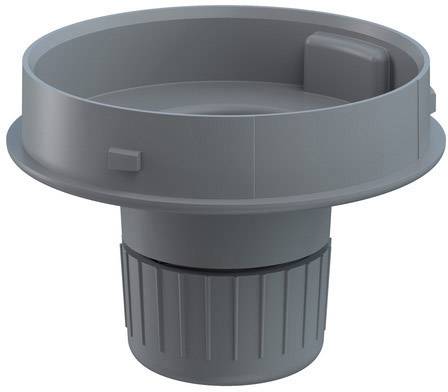Grey plastic adapter with a wide rim and grooved base, possibly a connecting piece for pipes or hoses.