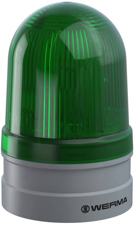 Green warning light by WERMA, mounted on a grey base, stands against a neutral background.