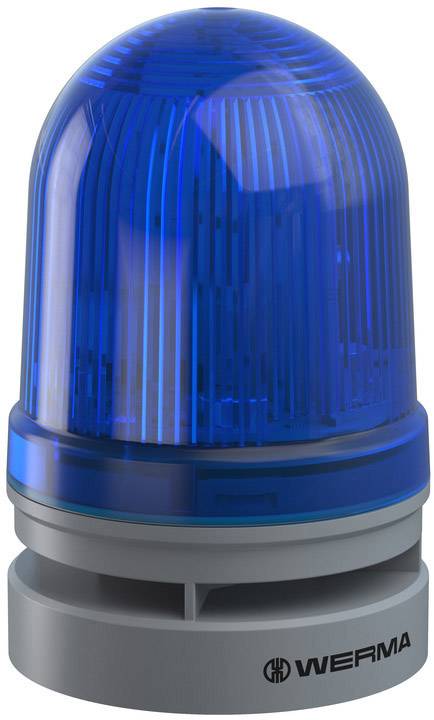 Blue emergency warning light on a grey base with a ribbed housing, often used to signal emergencies or warning situations.