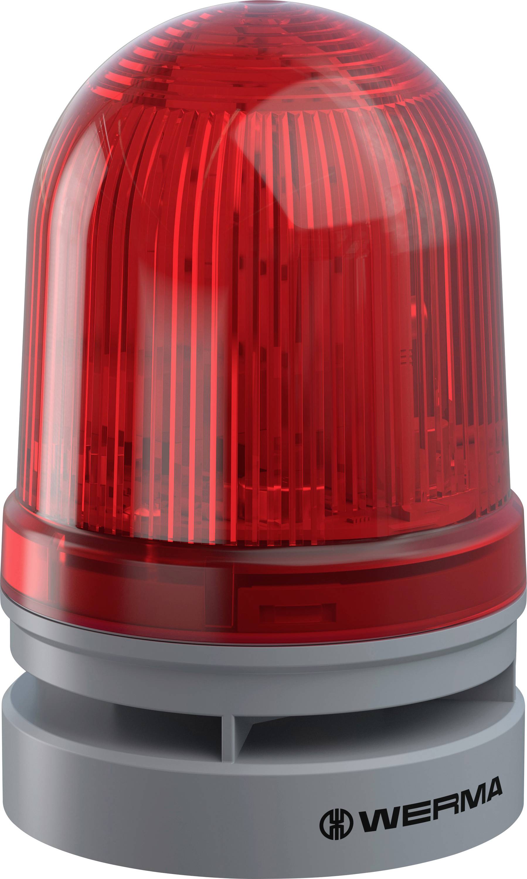 A red warning beacon light with a cylindrical shape, mounted on a grey base, labeled 'WERMA'. It's designed for alerting in industrial settings.