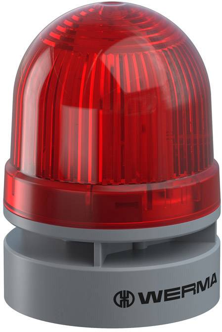 Red rotating warning light with transparent dome on grey base, safety marking, manufacturer name 'WERMA' on the base.
