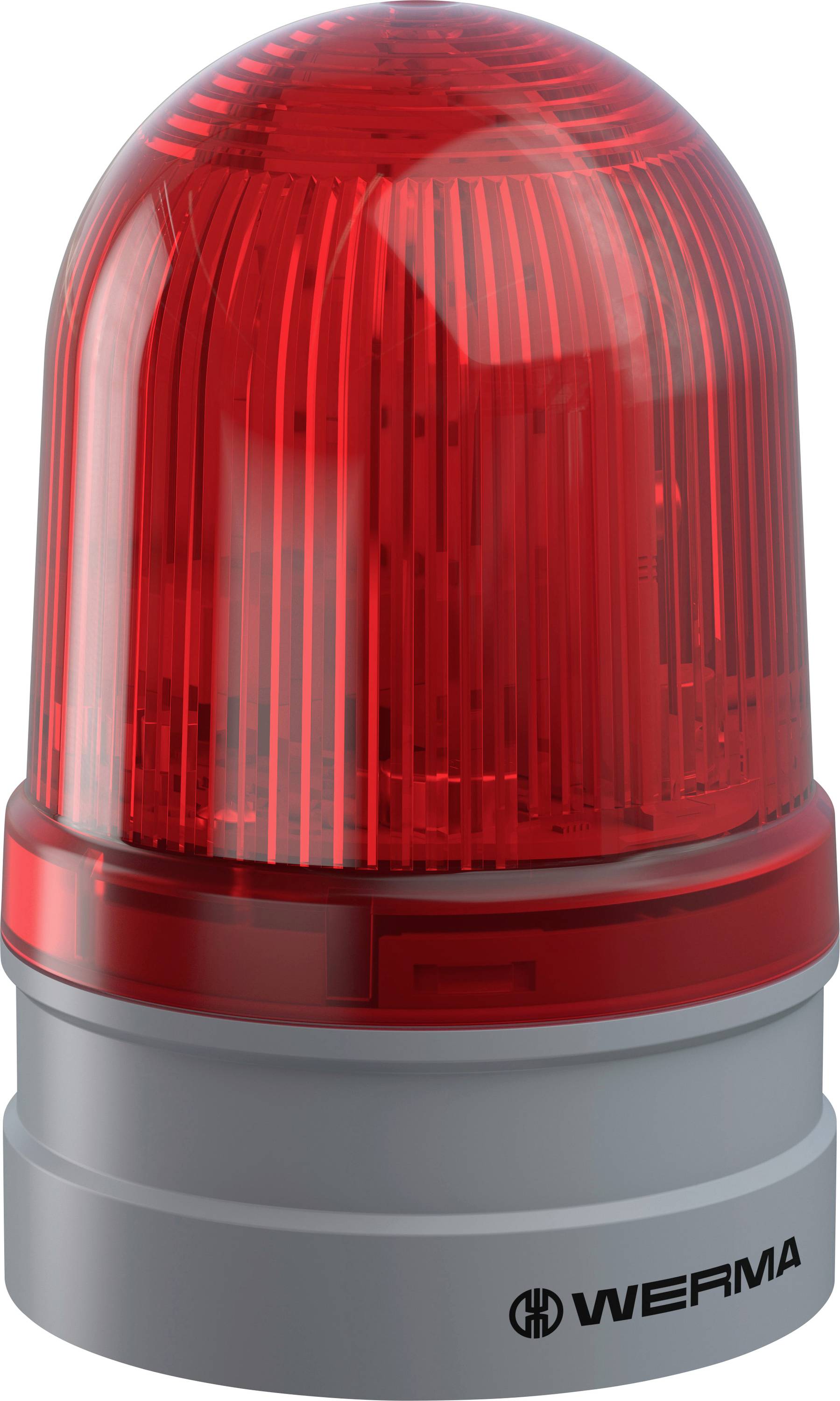 A red emergency warning light with a cylindrical shape and a ribbed surface. It's often used for signaling alarms or alerts.