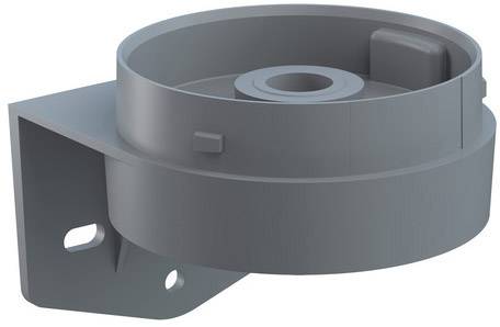 Round, grey plastic mounting bracket with fixing angle and holes for wall mounting, likely for a camera or sensor.