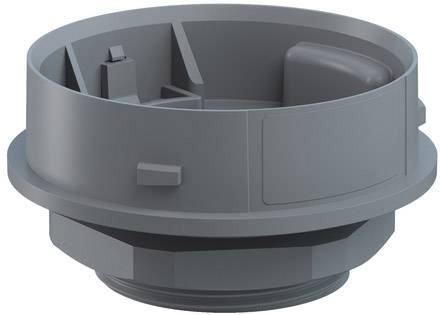 Grey plastic lid with a round shape and multiple compartments. Can be used for securing or sealing containers.
