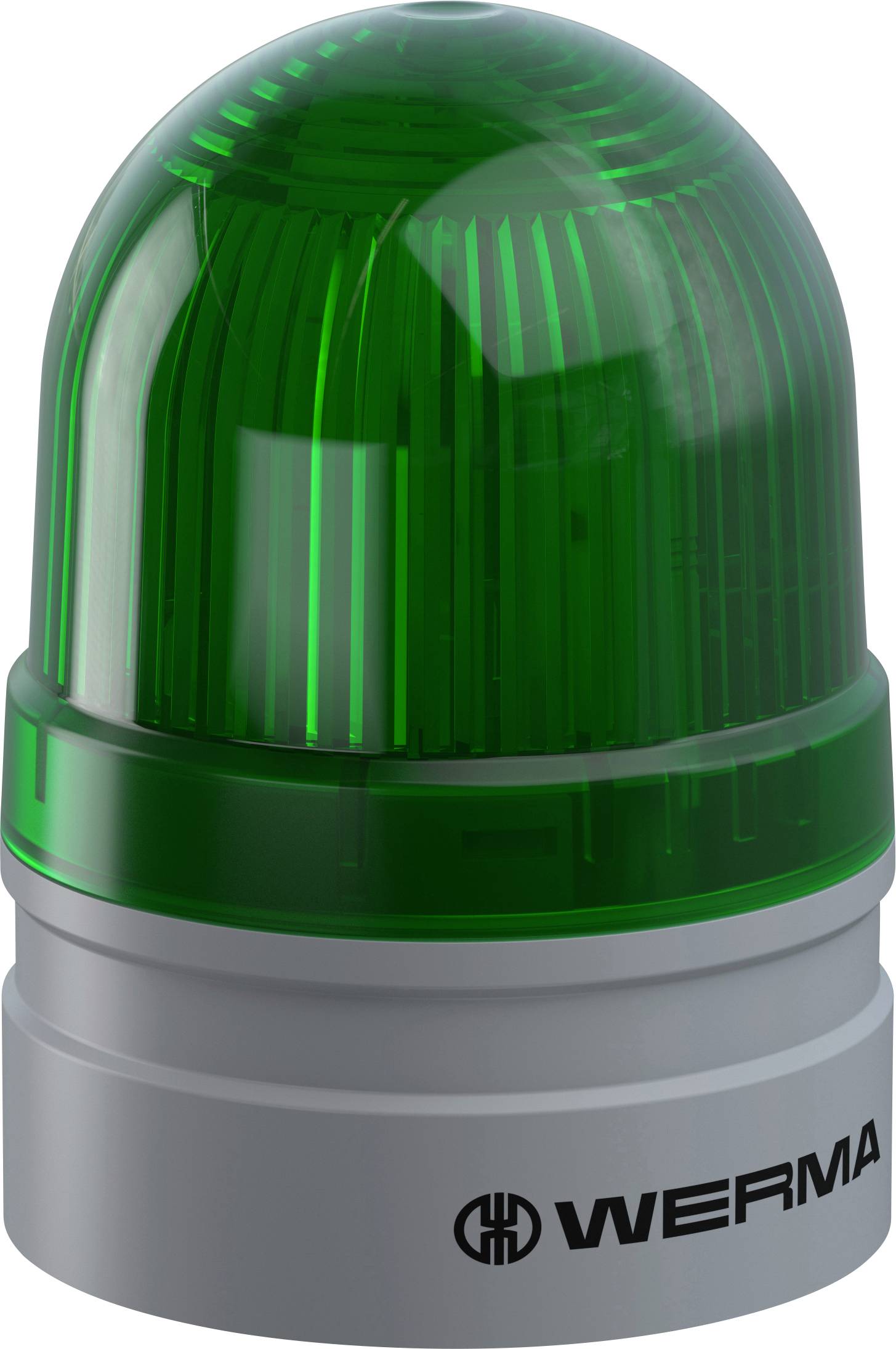 Green LED signal light from WERMA, dome-shaped with silver base, provides visual signalling in industrial applications.