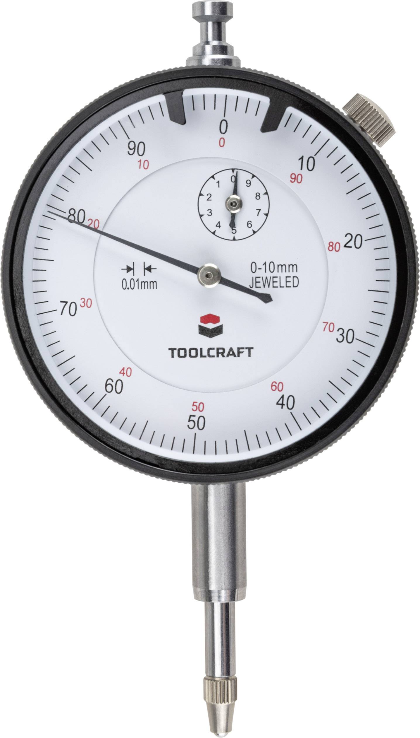 Analogue dial gauge 'Toolcraft', measuring range 0-10 mm, scale shows 0.01 mm increments. Central pointer position.