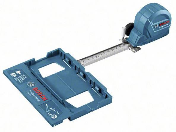 A blue measuring tape from Bosch with metal indicator and sliding guide. It displays measurement units on the scale.