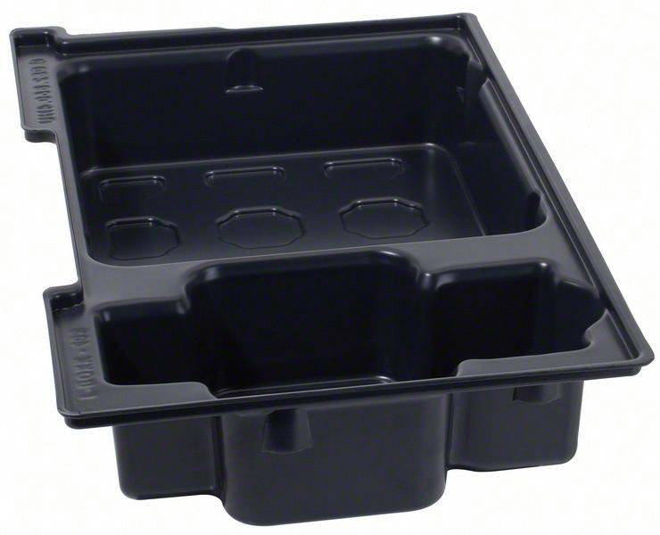 Black plastic packaging with separate compartments. Main compartment is larger, potentially for food. Robust and reusable.