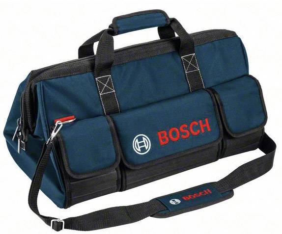 A dark blue tool bag with black handles and a red 'BOSCH' logo print. It has multiple outer pockets and a shoulder strap.
