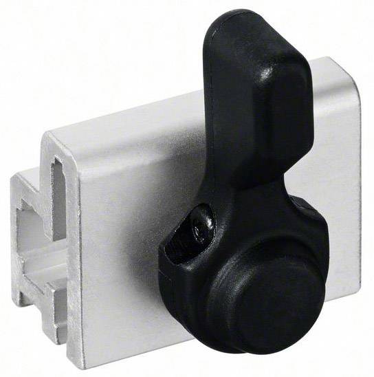 A black rotary handle on a rectangular metal mounting bracket, possibly part of a locking or fastening system.
