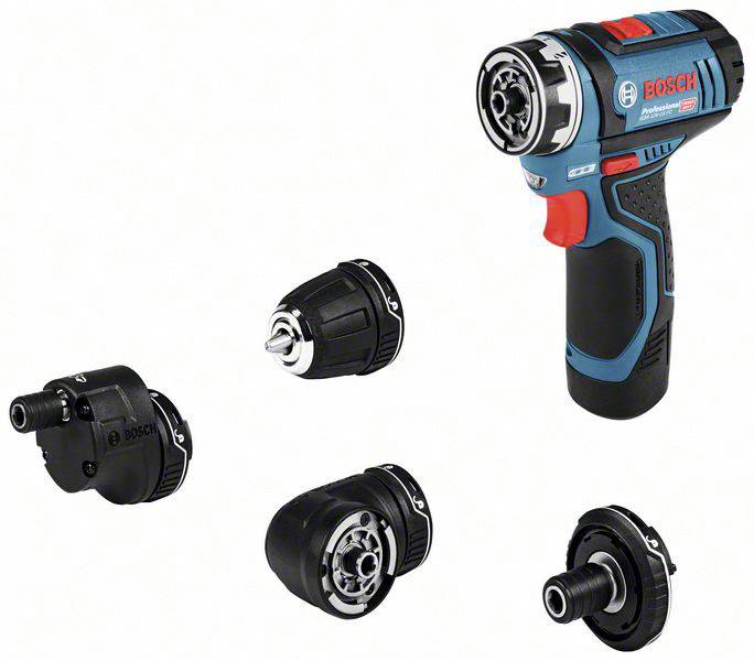 Cordless drill with four interchangeable attachments for various screwing and drilling tasks, shown against a white background.