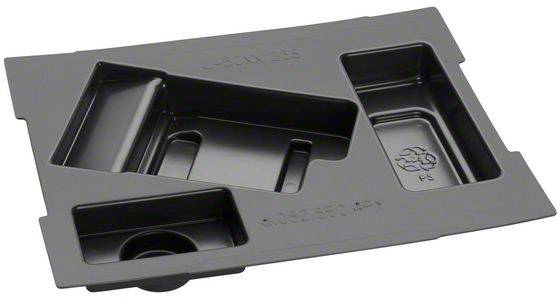 A black plastic packaging with compartments. One of the compartments displays the recycling symbol for polystyrene (PS).