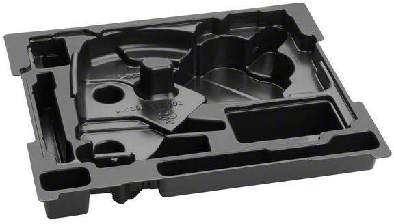 Black plastic moulded component with various recesses and cavities, presumably for housing and securing parts.