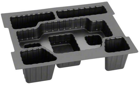 Black, structured plastic insert with various compartments of different sizes for organised storage of items.